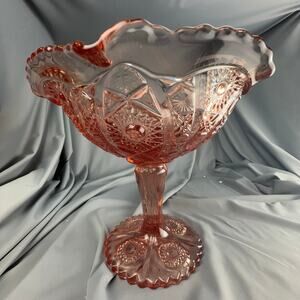 Vintage Imperial Glass Pink Pressed Glass Pedestal Compote Ruffled Edge 8x7.5